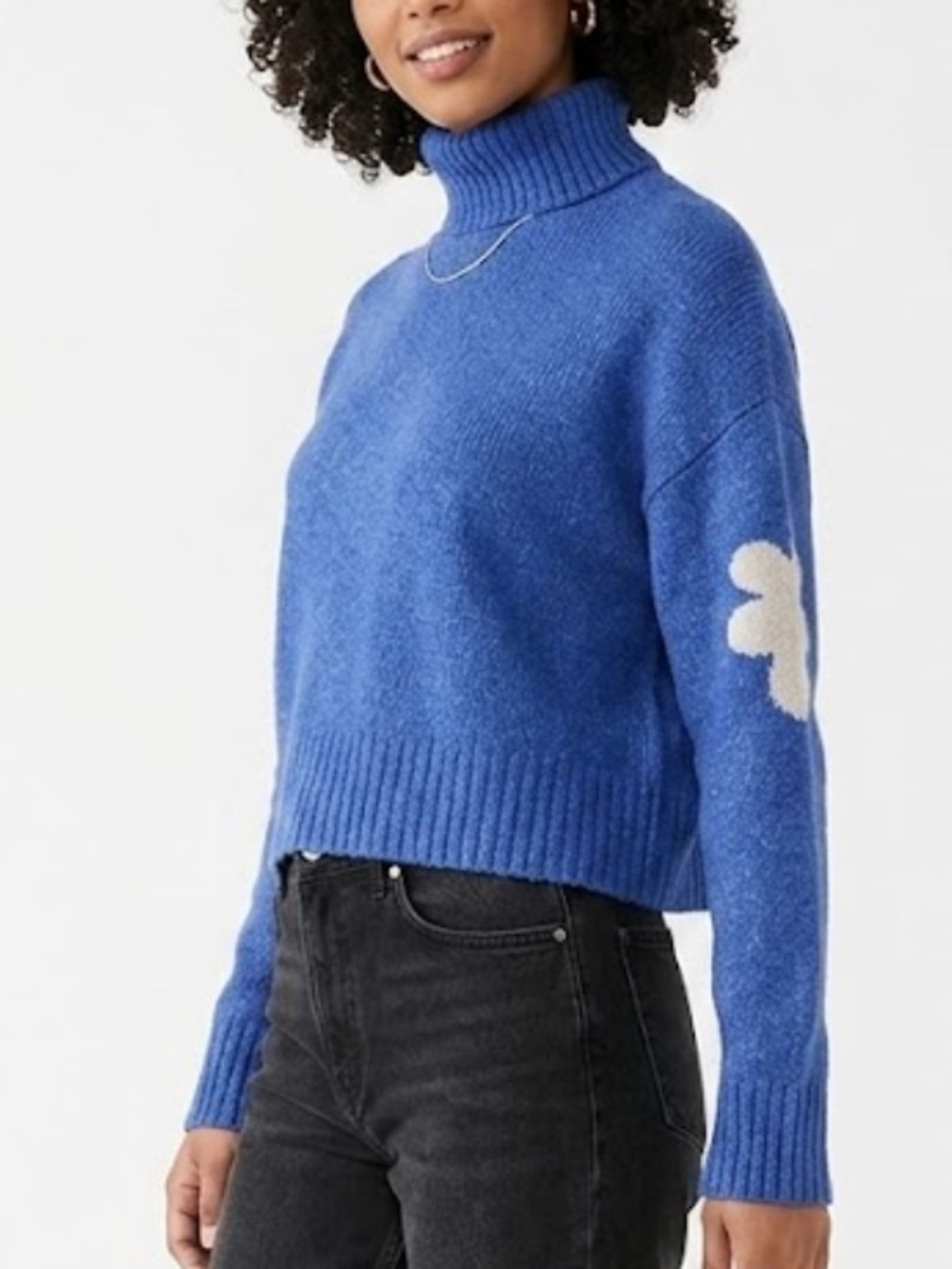 Women's Blue Turtleneck Sweater with Cream Sleeve Detail